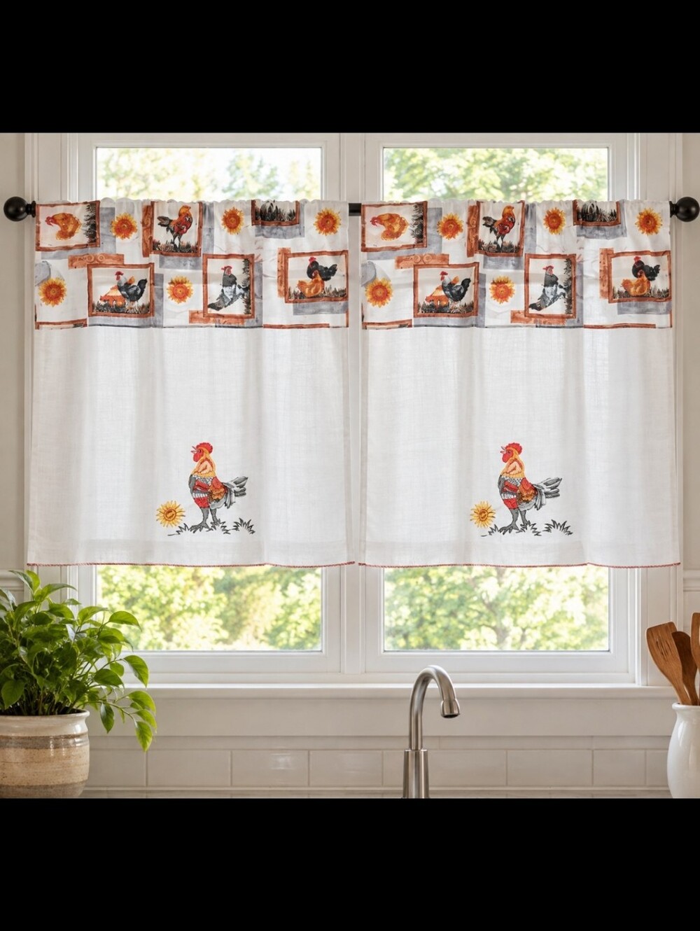 Rooster Print White Kitchen Curtains  - 2 Pannels 28 X 32 Farmhouse Cottagecore